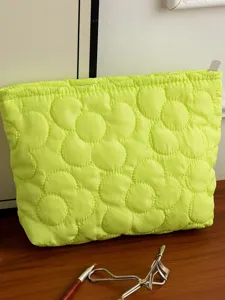 Neon green quilted floral makeup bag, large capacity travel cosmetic pouch and storage clutch.