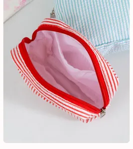 Seersucker cosmetic bag red white striped travel makeup pouch portable toiletry organizer