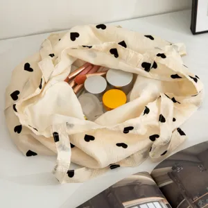 Canvas Tote Bag with Black Hearts Cute Shoulder Bag Large Capacity Cosmetic Bag Daily Casual Handbag