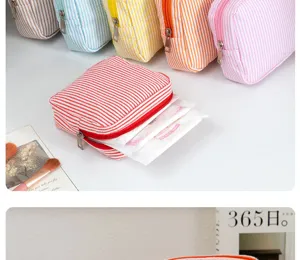 Portable seersucker cosmetic bag, Korean style travel pouch and sanitary napkin organizer.