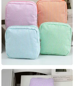 Korean style seersucker cosmetic bag portable striped zipper pouch travel organizer cute makeup bag