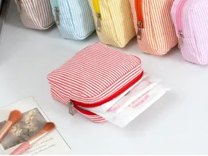 Portable seersucker cosmetic bag striped sanitary napkin storage pouch travel makeup organizer
