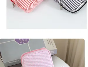 Seersucker cosmetic bag travel portable coin purse striped makeup storage pouch zipper style
