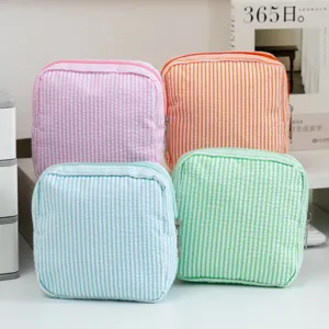 Portable Seersucker Cosmetic Bag Striped Travel Makeup Pouch Zipper Toiletry Bag Small Storage Bag For Women