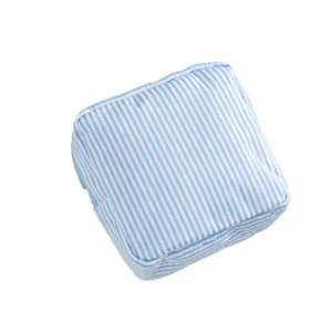 Blue and white striped seersucker cosmetic bag portable zip pouch for travel daily use