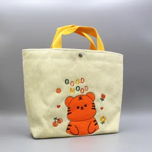Adorable sac cabas en velours côtelé brodé de tigre, joli sac à main quotidien pour le repas.
