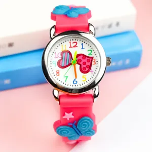 Kids Cartoon 3D Silicone Quartz Watch Cute Double Heart Dial Butterfly Decor Children Student Gift Wristwatch