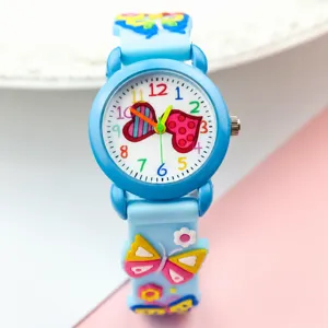 Kids 3D butterfly silicone strap watch with colorful heart dial for students gift.