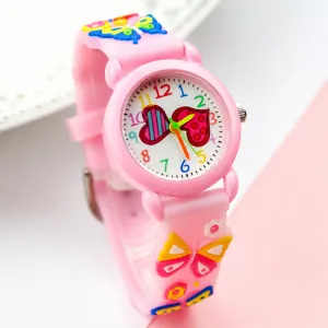 Kids pink silicone watch with colorful heart dial and 3d butterfly strap for girls gift