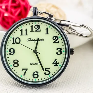 Black shell luminous dial pocket watch with keychain hook, clear large Arabic numerals.