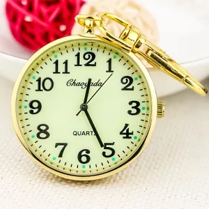 Gold quartz pocket watch with luminous dial, clear large numbers and keychain attachment.
