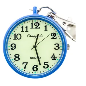 Blue quartz pocket watch with keychain, luminous dial and clear large numbers for students.