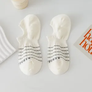 Women summer shallow boat socks cotton anti slip short socks with cute stripes and letters.