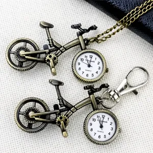 Vintage bicycle shape quartz pocket watch necklace and keychain set for kids and adults.