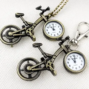 Vintage Bicycle Pocket Watch Quartz Keychain Bronze Clock Novelty Necklace Jewelry Gift