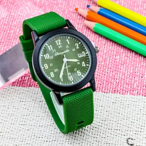 Kinderen groene siliconen horloge met 24 uur wijzerplaat kalender quartz uurwerk student.