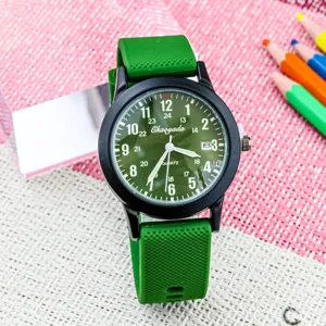Kinderen studenten quartz horloge groene siliconen band 24 uurs leertijd wijzerplaat kalender
