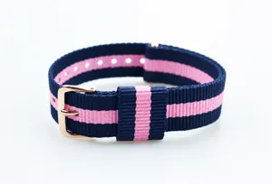 Detail view of a navy blue and pink striped nylon watch strap with gold-tone metal buckle.