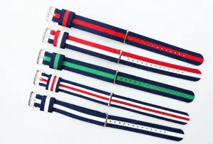 Wholesale replacement nylon watch straps with metal buckles, colorful striped designs for men and women.
