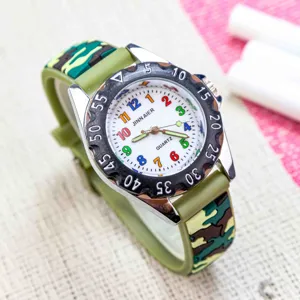 Kids camouflage quartz watch with colorful numbers and silicone strap for boys outdoor wear.