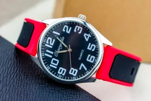 Minimalist silicone color-block quartz watch for teens, stylish daily wrist watch detail view.