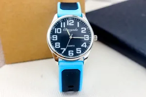 Silicone quartz watch detail view, featuring bold numbers and a stylish two-tone strap.