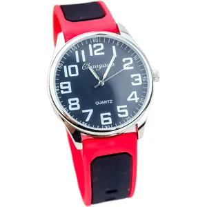 Men's quartz watch with black dial white numbers and red silicone strap casual style