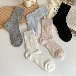 Women thin hollow mesh mid tube socks spring summer breathable casual floral cotton socks