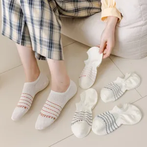 Summer women thin cotton boat socks, anti-slip shallow cut design, stylish striped short socks.