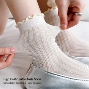 Summer thin cotton mesh breathable ballet style white mid-tube socks with frilly cuffs.