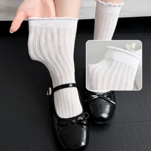 White mesh summer crew socks for women, breathable cotton ruffle cuff cute cute socks