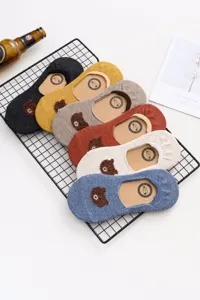 Detailed close-up view of cute bear pattern low-cut invisible socks in multi colors.
