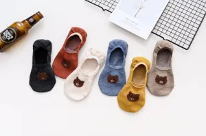 Women cute bear embroidery low cut invisible boat socks cotton anti-slip casual short socks