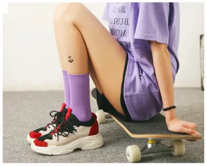 Women cotton mid-calf socks spring summer purple casual style daily wear comfortable