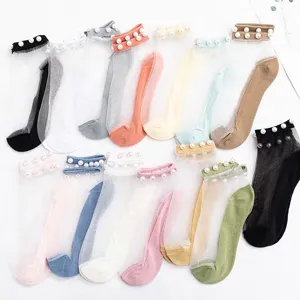 Calzini alla caviglia trasparenti in rete con perle e volant da donna, estivi.