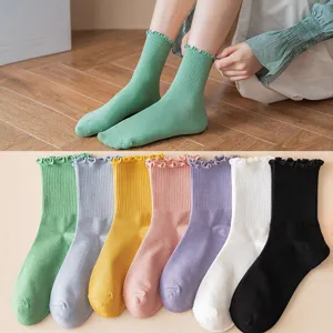 Women Ruffle Edge Mid-Calf Socks Japanese JK Sweet Style Cotton Blend Breathable Solid Color Casual Long Socks