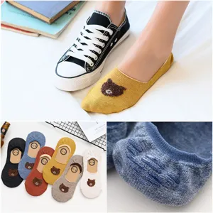Women low cut boat socks cute bear embroidery invisible anti slip casual cotton short socks