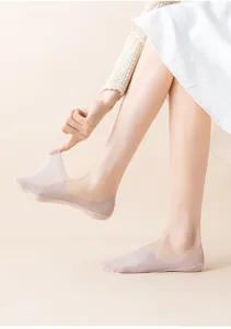 Close-up detail of ultra-thin summer mesh invisible boat socks with anti-slip design.