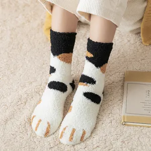 Women fluffy warm coral fleece cat paw socks winter cozy thick sleep floor socks.