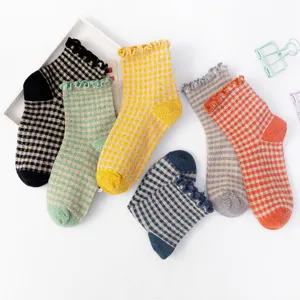 Women cute mid tube socks retro plaid ruffled lace design sweet aesthetic cotton hosiery pairs