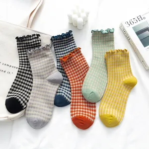 Women's retro plaid ruffle mid-tube cotton socks sweet college style cute casual wear