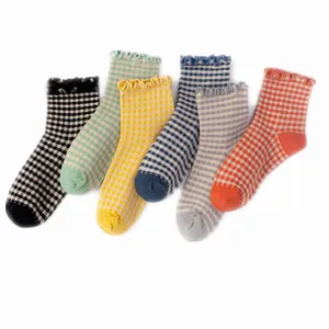 Women vintage plaid mid-tube socks cute lettuce edge cotton hosiery sweet casual style