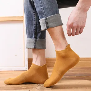 Men's breathable low cut boat socks, solid yellow color, comfortable short athletic socks for summer.