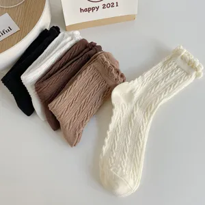 Women ruffle mid-tube socks cute Japanese cable knit cotton solid color spring hosiery