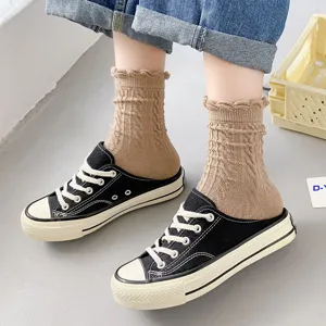 Cute ruffled mid-calf cotton socks for women, retro cable knit design, solid color style.