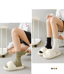 Chaussettes mi-hautes en coton pour femmes hiver epaisses unies chaussettes de maison