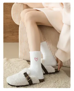 Cozy winter thick mink velvet women socks with sweet pink heart embroidery fluffy warm design