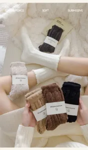 Thickened fleece winter women socks cozy warm cable knit mid-tube solid color sleep socks