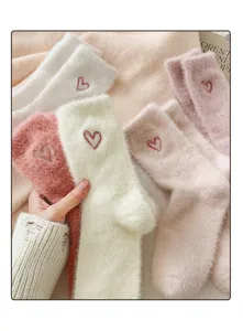 Thickened winter mink velvet mid-tube women socks with sweet heart embroidery fuzzy warm socks
