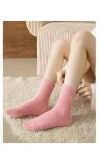 Women fluffy fleece winter mid-calf socks with cute heart embroidery cozy pink cozy warmth